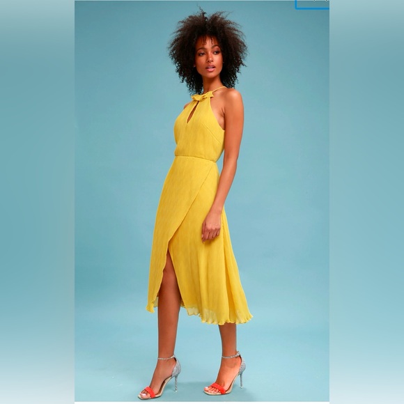 KEEPSAKE the Label Skylines Golden Yellow Pleated Midi Dress Yellow Halter Large - Picture 1 of 16